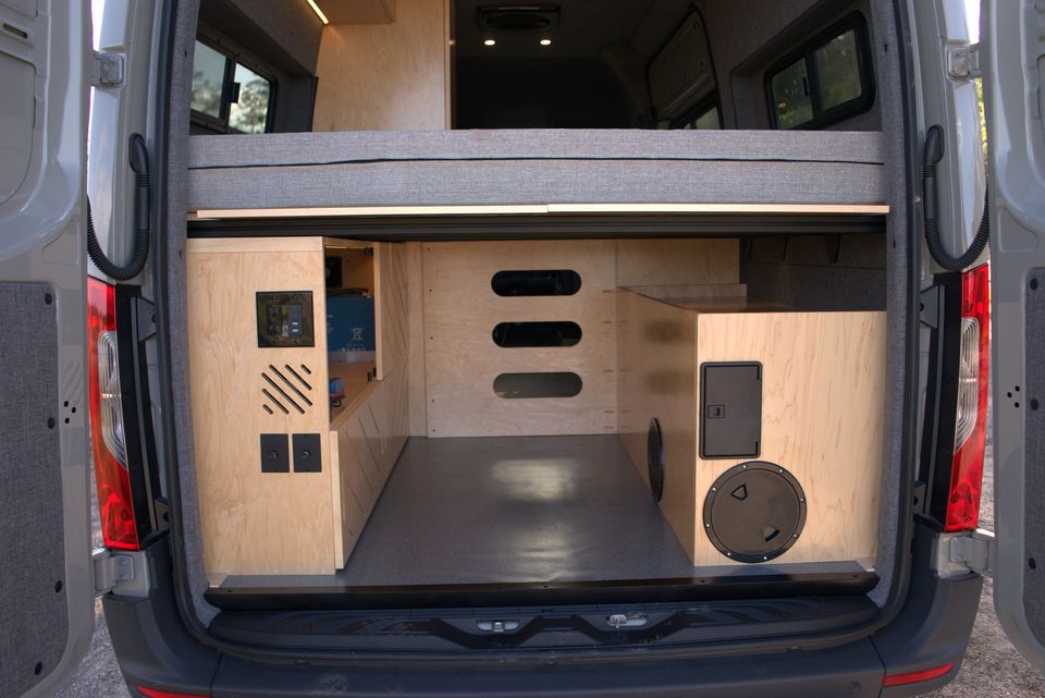 The Drifter gear garage seen through the open rear doors