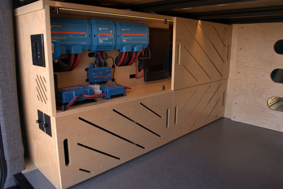 Victron lithium components installed under the bed