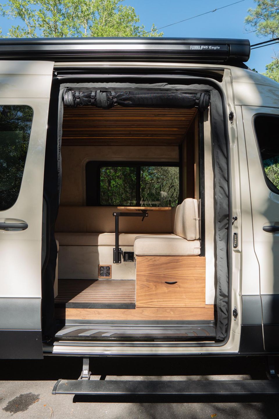 The view through the rear doors of a finished build
