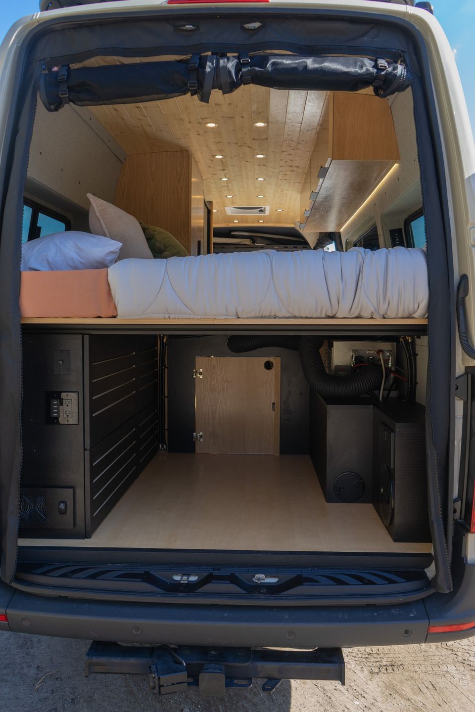 A Sprinter camper from the rear three-quarter angle