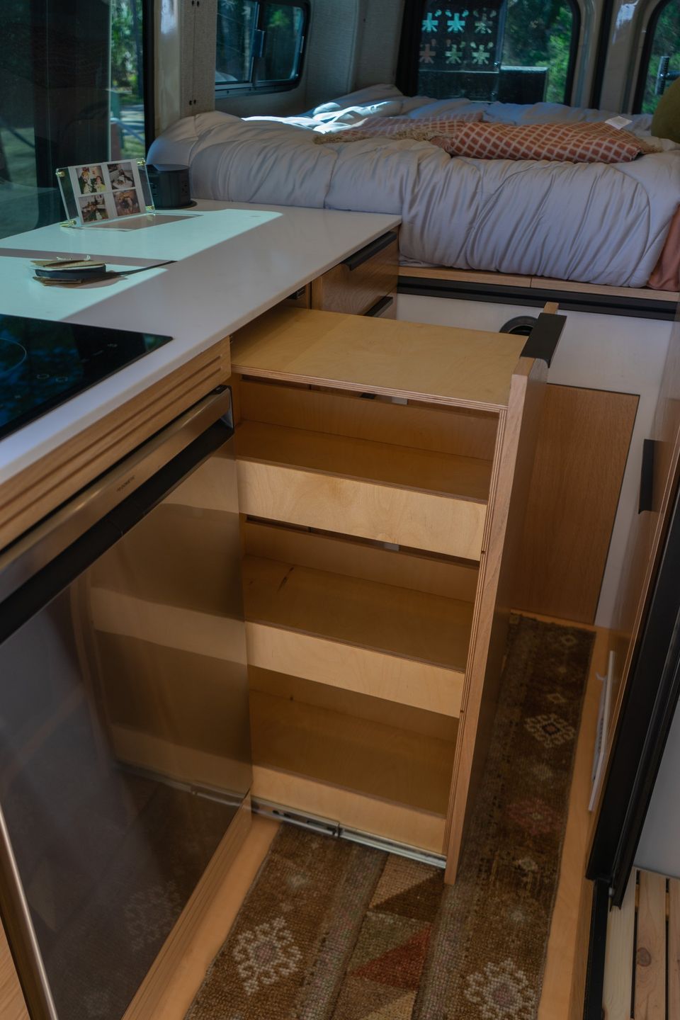 Bathroom shelving detail in a custom Sprinter