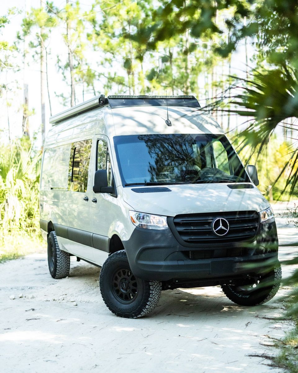 A white Sprinter camper van seen from the front