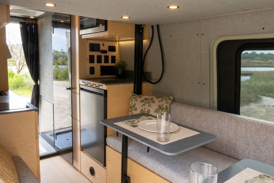 The Oasis interior with the climate controls and lounge